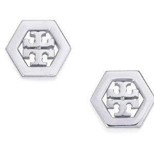 Tory Burch Silver Hexagon Logo Stud Earrings